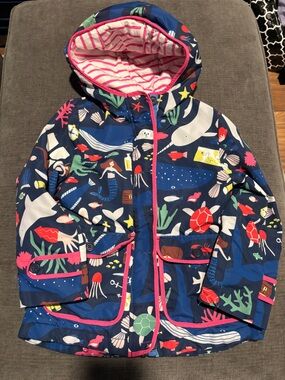 Mini Boden Navy Blue Sea Creature Print Hooded Lined Rain Jacket